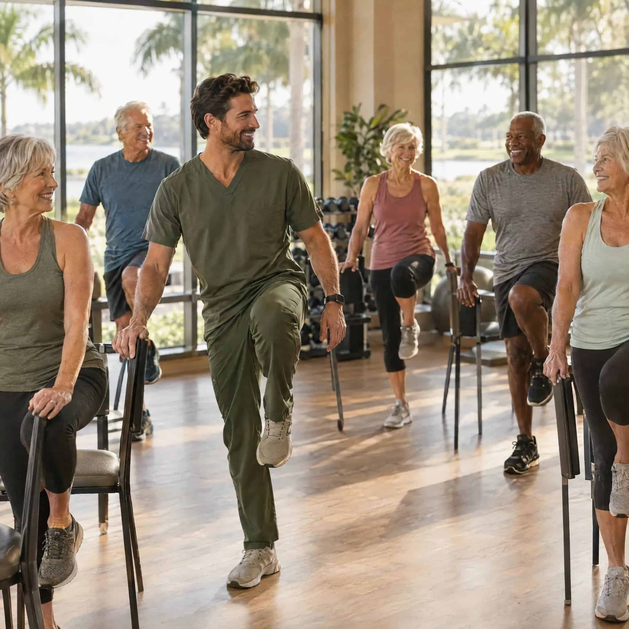 Physical therapist leading a balance and mobility class for older adults in a club fitness studio
