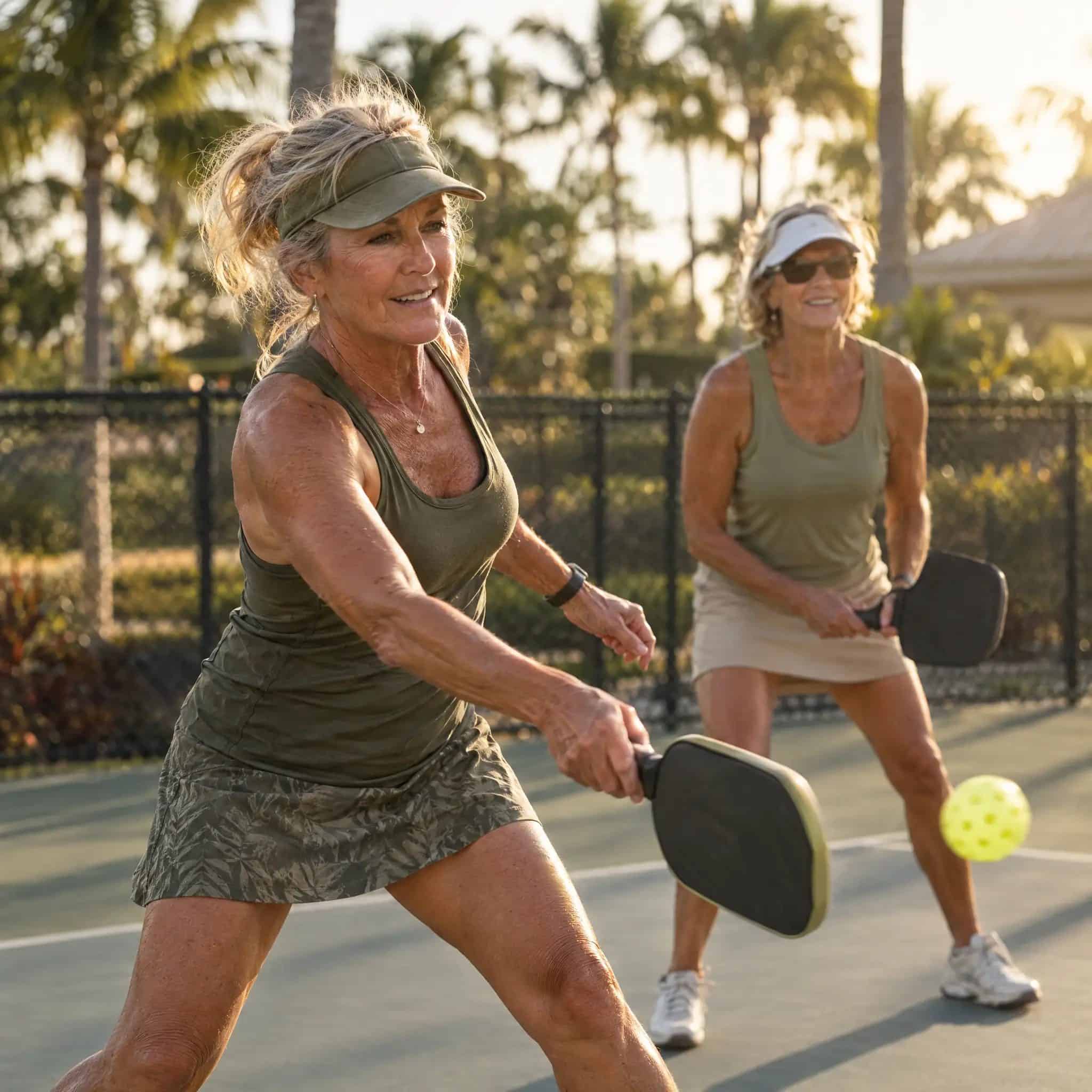 Two club members playing pickleball on an outdoor court in Southwest Florida